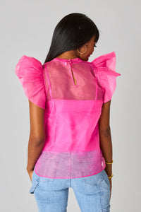 Kaycee Organza Ruffle Sleeve Top • Hot Pink