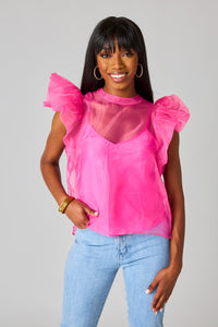 Kaycee Organza Ruffle Sleeve Top • Hot Pink