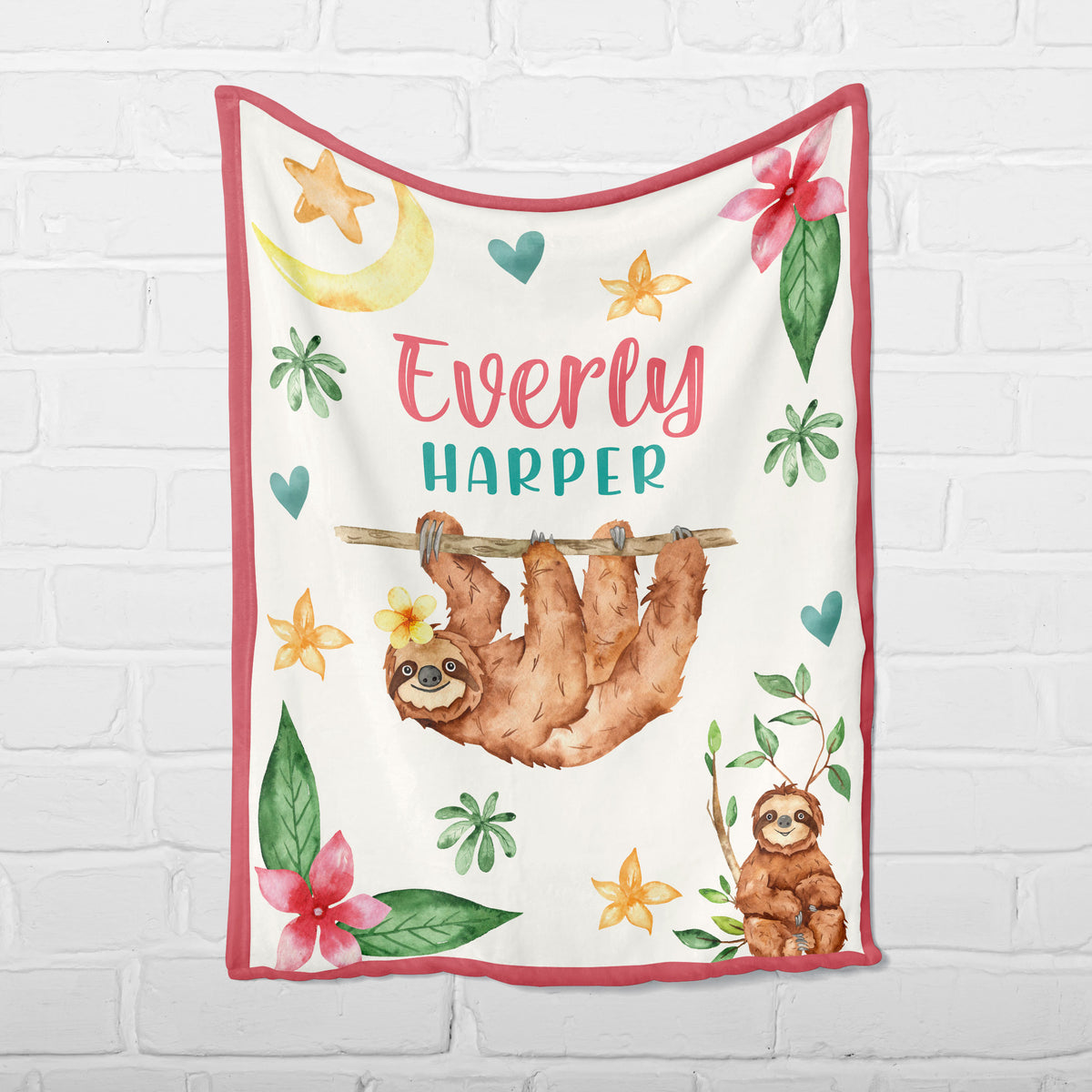 Custom Children's Name Blanket • Girly Sloth Watercolor