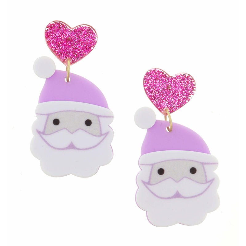 Pink Glitter Heart with Santa Earrings