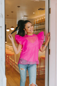 Kaycee Organza Ruffle Sleeve Top • Hot Pink