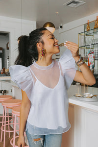 Kaycee Organza Ruffle Sleeve Top • White