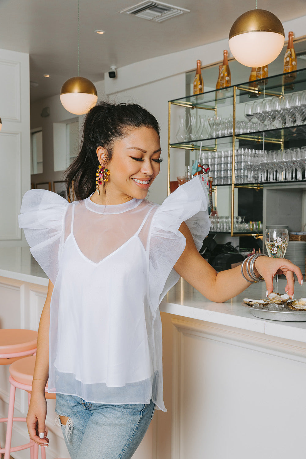 Kaycee Organza Ruffle Sleeve Top • White