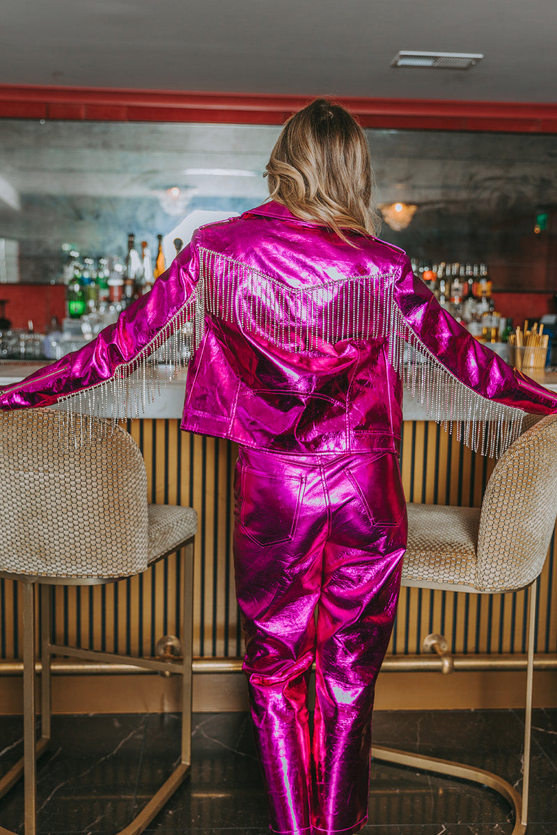 Rife Crystal Fringe Vegan Leather Jacket • Electric Pink