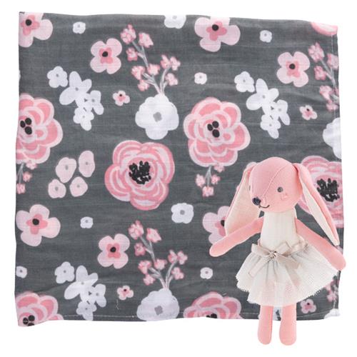 Muslin Blanket & Stuffed Animal • Charcoal Flowers