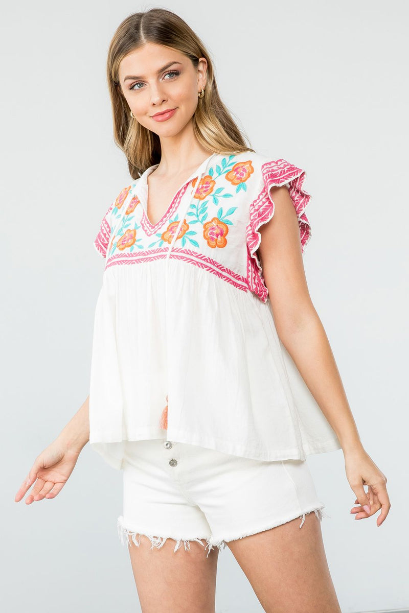 Embroidered Ruffle Sleeve Babydoll Top • White