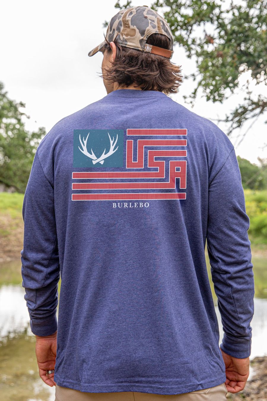 Antler Flag USA- Heather Navy LS