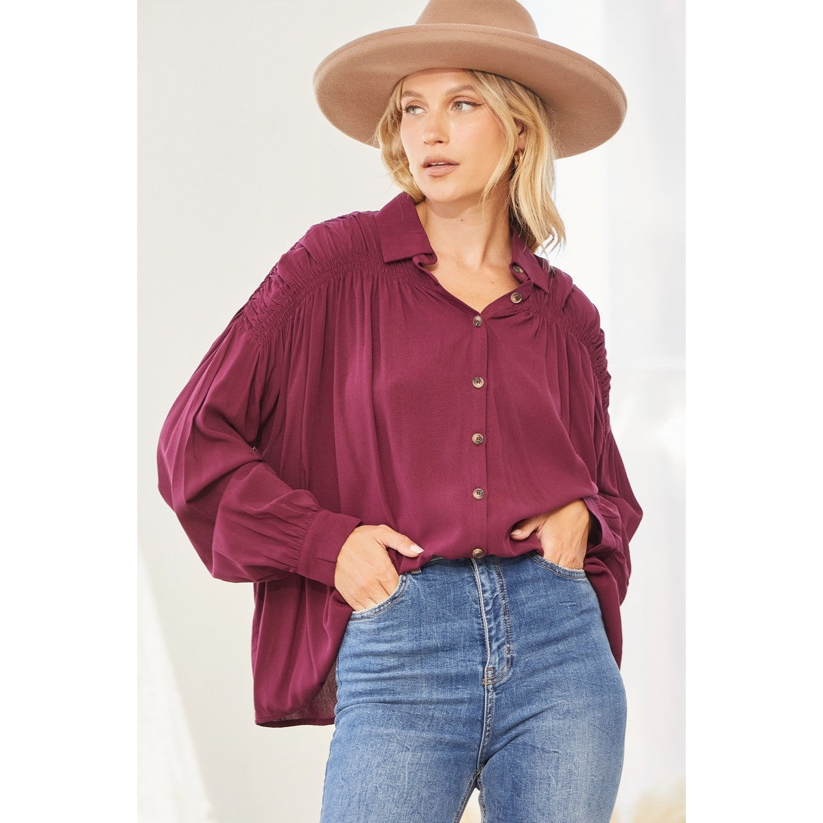 Button Down Casual Blouse • Wine