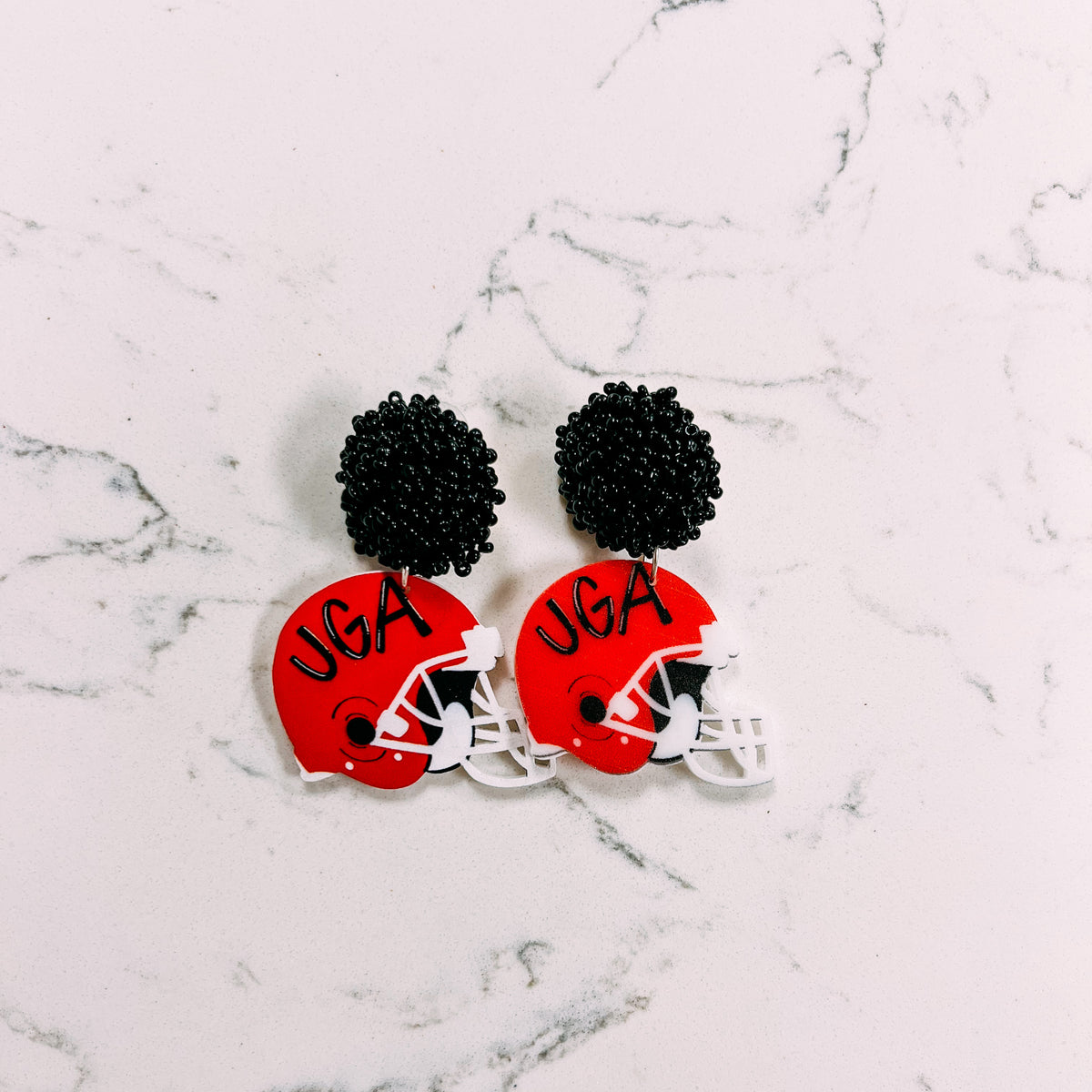 Beaded UGA Helmet Earrings • Red